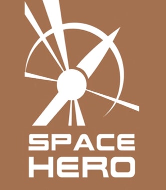 A logo associated with Space Hero, showing a drawing of the outline of a satellite with the words SPACE HERO at the bottom.