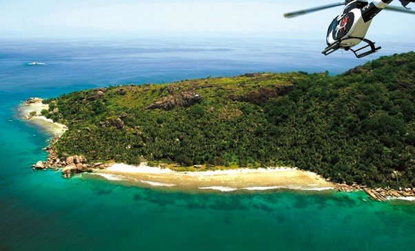 Seychelles resort by helicopter